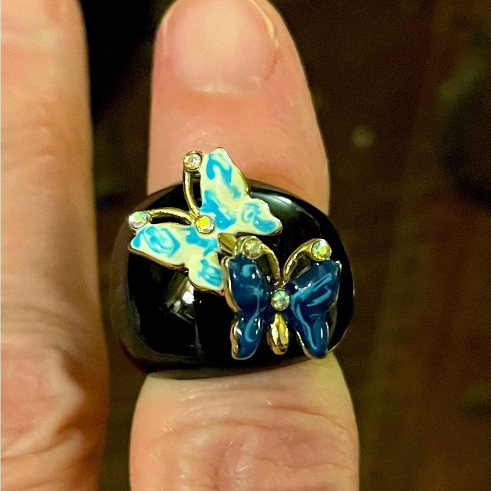Stainless Steel Enamel Butterfly Ring in Gold Blue and Black Size 5